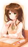  akahito blush brown_hair desk green_eyes long_hair long_sleeves sitting smile solo sweater_vest tamasaka_makoto tokyo_7th_sisters 
