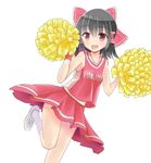  alternate_costume bare_arms black_hair bow character_name cheerleader folded_leg hair_bow hair_tubes hakurei_reimu leaning_over looking_at_viewer open_mouth pleated_skirt pom_poms red_eyes shirt shoes short_hair skirt sleeveless sleeveless_shirt sneakers solo touhou tube_socks usagikoya wrist_cuffs 