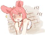  ahoge animal_ears bare_shoulders blush braid bunny_ears dress greenteaneko highres nora_(greenteaneko) nose_blush open_mouth original red_eyes red_hair short_hair solo stuck surprised sweatdrop translated trembling wavy_mouth 