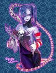  bare_shoulders blue_hair blue_skin breasts cleavage detached_collar detached_sleeves hair_over_one_eye leviathan_(skullgirls) long_hair long_skirt medium_breasts pigeon666 red_eyes side_ponytail skirt skull skullgirls smile solo squigly_(skullgirls) stitched_mouth stitches striped_sleeves undressing zombie 