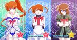  bare_shoulders blue_eyes breasts brown_hair cleavage closed_eyes detached_sleeves gift glasses highres large_breasts long_hair lyrical_nanoha material-s multiple_girls school_uniform short_hair side_ponytail takamachi_nanoha tappa_(esperanza) twintails 