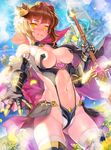  banned_artist blurry blush bokeh breasts brown_hair cowboy_shot crown day depth_of_field dutch_angle flower furyou_michi_~gang_road~ gloves hair_flower hair_ornament heart highres large_breasts looking_at_viewer navel outdoors parted_lips reverse_grip sky solo sword thighhighs weapon xil yellow_eyes 