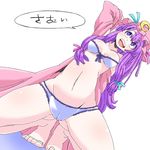 aono3 ass_visible_through_thighs breasts capelet groin hair_ribbon hat kneeling lingerie long_hair looking_up medium_breasts mob_cap open_clothes panties patchouli_knowledge purple_eyes purple_hair ribbon solo spread_legs squatting stomach touhou tress_ribbon underboob underwear 
