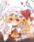  ascot blonde_hair blush bow collar colorized crystal flandre_scarlet gloves hat hat_bow heart highres kuromitsu_maria looking_at_viewer mob_cap ponytail puffy_sleeves red_eyes shirt short_hair short_sleeves side_ponytail simple_background sketch smile solo spiked_collar spikes teeth touhou twitter_username vest white_background white_gloves wings 