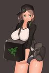  absurdres bad_id bad_pixiv_id baseball_cap breasts brown_hair green_eyes hat headphones highres huge_breasts imperialred large_breasts long_hair product_placement razer short_shorts shorts smile solo thighs 
