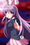 aiming_at_viewer animal_ears blurry bunny_ears bunny_tail cloud cloudy_sky depth_of_field finger_gun full_moon glowing high_collar highres long_hair looking_at_viewer moon otogirisou parted_lips pleated_skirt purple_hair red_eyes reisen_udongein_inaba skirt sky solo suit_jacket tail touhou 