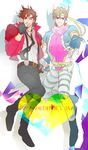  2boys blonde_hair blue_jacket brown_hair caesar_anthonio_zeppeli coat commentary english_commentary fingerless_gloves gloves headband highres idachi jacket jojo_no_kimyou_na_bouken joseph_joestar joseph_joestar_(young) leotard male_focus multiple_boys necktie official_alternate_costume one_eye_closed padded_coat pink_leotard red_jacket suspenders 