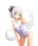  black_hairband blue_eyes blush bobomaster breasts hairband highres konpaku_youmu konpaku_youmu_(ghost) one-piece_swimsuit open_mouth school_swimsuit short_hair silver_hair small_breasts solo swimsuit touhou white_swimsuit 