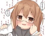  admiral_(kantai_collection) bad_id bad_pixiv_id blush brown_eyes brown_hair cheek_pull cheek_squash glasses hands_on_another's_cheeks hands_on_another's_face kantai_collection long_hair mochizuki_(kantai_collection) open_mouth school_uniform serafuku shioame solo_focus translated twitter_username 