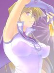  armpits breasts brown_eyes brown_hair card covered_nipples fingerless_gloves gloves holding holding_card large_breasts long_hair no_bra parted_lips puffy_nipples school_uniform see-through shirt sleeveless sleeveless_shirt solo tenjouin_asuka ts422 yuu-gi-ou yuu-gi-ou_gx 