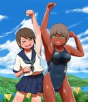  2girls brown_hair camera competition_swimsuit gavinekov glasses multiple_girls one-piece_swimsuit school_uniform short_hair swimsuit tan tanline wink 