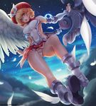  angel_wings armor armored_dress bad_id bad_pixiv_id bare_shoulders blonde_hair breastplate breasts feathered_wings floating from_below laila_(queen's_blade) looking_at_viewer mechanical_wings medium_breasts no_bra open_mouth purple_eyes queen's_blade queen's_blade_rebellion short_hair solo tasselcat winged_hat wings 