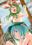  2girls bad_id bad_pixiv_id blue_eyes blue_hair bow breasts closed_eyes commentary_request convenient_censoring emphasis_lines front_ponytail green_hair hair_bobbles hair_bow hair_censor hair_ornament hat highres hinamatsuri kagiyama_hina kawashiro_nitori medium_breasts muchi_maro multiple_girls nipples nude open_door open_mouth surprised topless touhou two_side_up 