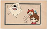  :i amano_keita animal animal_on_head ayu_(mog) blush brown_hair cat cat_on_head closed_eyes fangs ghost hands_on_hips jibanyan multiple_tails notched_ear on_head open_mouth red_shirt shirt short_hair star sweat tail two_tails whisper_(youkai_watch) whispering youkai youkai_watch 