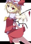  arai_togami blonde_hair flandre_scarlet grin hat hat_ribbon mob_cap outstretched_arms pointy_ears red_eyes ribbon shirt side_ponytail skirt skirt_set smile solo touhou vest wings 