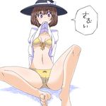  aono3 arm_support bare_legs black_hat brown_eyes brown_hair cameltoe front-tie_top hat panties shirt_lift short_hair sitting solo spread_legs stomach thighs touhou underwear usami_renko 