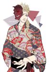  1boy asa_no_ha_(pattern) blonde_hair blue_eyes character_name commentary english_commentary folding_fan giorno_giovanna hand_fan idachi japanese_clothes jojo_no_kimyou_na_bouken kimono looking_at_viewer male_focus mask mask_on_head oni_mask simple_background solo unmoving_pattern vento_aureo white_background 
