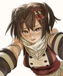  backlighting bad_id bad_pixiv_id bangs breasts brown_eyes brown_hair double-breasted elbow_gloves gloves hair_ornament kantai_collection katahira_(hiyama) looking_at_viewer open_mouth reaching remodel_(kantai_collection) scarf seductive_smile sendai_(kantai_collection) short_hair short_twintails simple_background small_breasts smile solo twintails upper_body white_background 