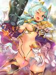  aqua_hair armor banned_artist blush breasts cowboy_shot furyou_michi_~gang_road~ gauntlets grin highres large_breasts long_hair navel one_eye_closed open_mouth smile solo_focus tears thighhighs torn_clothes tusks xil 