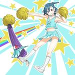  adapted_costume bare_arms bare_shoulders blue_hair cheerleader closed_umbrella grin heterochromia karakasa_obake kitano_(kitanosnowwhite) midriff navel panties pantyshot pantyshot_(standing) pom_poms pose shirt side_ponytail skirt skirt_set sleeveless sleeveless_shirt smile solo standing star tatara_kogasa touhou umbrella underwear v white_panties 