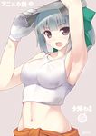 armpits bangs bow breasts brown_eyes covered_nipples dirty_face gloves green_hair hair_bow highres kantai_collection large_breasts looking_at_viewer midriff naturalton navel open_mouth ponytail solo tank_top translation_request welding_mask white_gloves yuubari_(kantai_collection) 