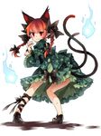  adapted_costume alternate_costume animal_ears back bow braid cat_ears cat_tail downscaled dress floral_print frills full_body green_dress hair_bow hair_ornament highres hitodama kaenbyou_rin leg_ribbon long_hair long_sleeves looking_at_viewer looking_back mary_janes md5_mismatch multiple_tails pointy_ears puffy_sleeves red_eyes red_hair resized ribbon shoes simple_background smile solo tail touhou toutenkou twin_braids white_background wide_sleeves 