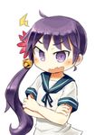  :o akebono_(kantai_collection) bell blush crossed_arms flower hair_bell hair_flower hair_ornament jingle_bell kantai_collection long_hair nanatsuta neck_ribbon purple_eyes purple_hair ribbon sailor_collar school_uniform serafuku side_ponytail solo upper_body v-shaped_eyebrows wavy_mouth white_background 