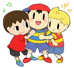  3boys annoyed baseball_cap black_eyes black_hair blonde_hair blush brown_hair doubutsu_no_mori happy hat hug kasugai_(de-tteiu) lucas mother_(game) mother_2 mother_3 multiple_boys ness nintendo open_mouth shirt short_hair smile striped_shirt super_smash_bros. villager_(doubutsu_no_mori) 