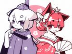  alternate_costume animal_ears bare_shoulders cat_ears fan folded_hair folding_fan hat hekoningyou_(waraningyou) inubashiri_momiji japanese_clothes kaenbyou_rin kimono multiple_girls pointy_ears purple_eyes red_eyes red_hair short_hair tokin_hat touhou wolf_ears 