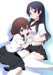  amamiya_yuki black_hair blue_eyes blush breasts brown_hair commentary_request long_hair medium_breasts multiple_girls onjouji_toki purple_hair red_eyes saki saki_achiga-hen school_uniform senriyama_school_uniform serafuku shimizudani_ryuuka short_hair short_sleeves sitting skirt small_breasts smile white_legwear yuri 