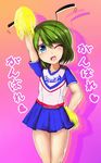  1girl alternate_costume antennae arm_up bare_legs blue_eyes cheerleader clothes_writing copyright_name drop_shadow green_hair hand_on_hip one_eye_closed open_mouth pink_background pleated_skirt pom_poms shadow short_hair simple_background skirt solo touhou wriggle_nightbug 