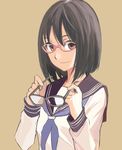  black_hair blush brown_eyes glasses idolmaster idolmaster_cinderella_girls kamijou_haruna looking_at_viewer matsuse_daichi school_uniform serafuku short_hair smile solo 