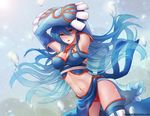  bad_id bad_pixiv_id blue_eyes blue_hair blue_legwear breasts covering_face crop_top floating_hair gen_3_pokemon kyogre large_breasts long_hair looking_away midriff parted_lips personification pokemon solo tasselcat thighhighs very_long_hair 