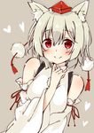  albino alza animal_ears blush colorized detached_sleeves grey_background hat heart inubashiri_momiji long_sleeves looking_at_viewer pom_pom_(clothes) red_eyes ribbon shirt short_hair simple_background sketch smile solo string tokin_hat touhou turtleneck white_hair wide_sleeves wolf_ears 