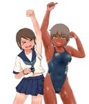  2girls brown_hair camera competition_swimsuit gavinekov glasses multiple_girls one-piece_swimsuit school_uniform short_hair swimsuit tan tanline wink 