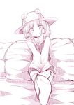  chata_maru_(irori_sabou) feet hair_ribbon hat monochrome moriya_suwako oversized_clothes ribbon sitting socks soles solo thighhighs touhou wide_sleeves 