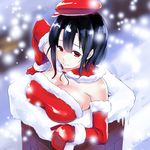  bare_shoulders black_hair blush breasts chimney cleavage elbow_gloves gloves hat infinote kantai_collection large_breasts looking_at_viewer red_eyes red_gloves santa_costume santa_hat short_hair snow solo stuck takao_(kantai_collection) 