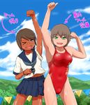  2girls brown_hair camera competition_swimsuit gavinekov glasses multiple_girls one-piece_swimsuit school_uniform short_hair swimsuit tan wink 