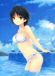  absurdres aoyama_sumika bangs bikini black_hair blue_sky breasts brown_eyes cleavage cloud coffee-kizoku cowboy_shot day eyebrows_visible_through_hair from_side highres huge_filesize leaning_forward light_smile looking_at_viewer medium_breasts navel original outdoors scan short_hair side-tie_bikini sky smile solo strap_gap swimsuit wading water white_bikini 