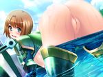  1girl all_fours areolae armor asakura_sakura ass blue_eyes breasts brown_hair censored cloud clouds female from_behind game_cg hanging_breasts highres knight_carnival large_breasts legs looking_back nipples no_panties open_mouth pussy sasayuki short_hair sky solo sword thighs valin_(knight_carnival) water weapon wet 