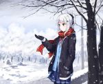  gloves green_eyes original pointed_ears ponytail scarf seifuku shibanme_tekikumo short_hair skirt snow tree white_hair winter 
