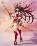  armor arrow bow_(weapon) breasts brown_hair detached_sleeves dress eat0123 highres hu_sanniang long_hair looking_at_viewer medium_breasts off_shoulder open_clothes original red_dress red_eyes short_dress shui_hu_zhuan smile solo very_long_hair weapon 