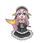  :d aoba_kino blue_eyes breasts chibi cleavage drill_hair full_body head_fins lolita_fashion long_hair looking_at_viewer maid_headdress medium_breasts mermaid meroune_lorelei monster_girl monster_musume_no_iru_nichijou open_mouth pink_hair scales simple_background smile solo white_background 