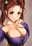  blush breasts brown_eyes brown_hair cleavage collarbone dragon_quest ear_ornament earrings jessica_albert jewelry large_breasts long_hair long_sleeves looking_at_viewer nannacy7 off_shoulder purple_shirt shirt smile solo twintails 