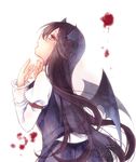  2015 bad_id bad_pixiv_id bat_wings blood blood_splatter brown_hair crying crying_with_eyes_open dated fang head_wings juliet_sleeves koakuma long_hair long_sleeves mikazuki_sara open_mouth profile puffy_sleeves red_eyes signature skirt skirt_set solo tears touhou wings 