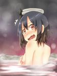  1girl back black_hair blush covering covering_breasts embarrassed hair_ornament kantai_collection looking_at_viewer nose_blush onsen open_mouth red_eyes short_hair surprised towel towel_on_head umino_mokuzu_(shizumisou) wavy_mouth yamashiro_(kantai_collection) 