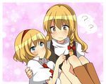  ? alice_margatroid ascot blonde_hair blue_eyes blush boots braid capelet carrying couple hairband kirisame_marisa long_hair multiple_girls no_hat no_headwear ochazuke princess_carry short_hair side_braid touhou yellow_eyes yuri 