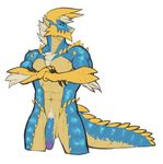  2015 anthro balls blue_eyes blue_scales capcom claws fanged_wyvern fangs flaccid flexing fur hair looking_at_viewer male mammal monster_hunter muscles nude penis plain_background pose solo spearfrost standing video_games white_background zinogre 