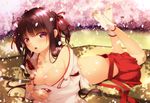  blush breasts brown_hair cherry_blossoms cleavage cup feet hair_ribbon hakama_skirt hanami highres japanese_clothes large_breasts legs_up long_hair looking_at_viewer lying miko no_shoes on_stomach open_mouth original petals purple_eyes ribbon sakazuki shokuyou_mogura skirt skirt_pull solo tabi the_pose two_side_up white_legwear 