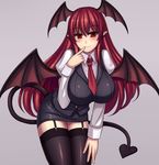  bent_over black_legwear blush breasts demon_girl demon_tail demon_wings garter_straps head_wings highres juliet_sleeves koakuma large_breasts long_hair long_sleeves miniskirt necktie nekozombie pointy_ears puffy_sleeves red_eyes red_hair red_neckwear shirt skirt skirt_set smile solo tail thighhighs touhou very_long_hair vest wings zettai_ryouiki 